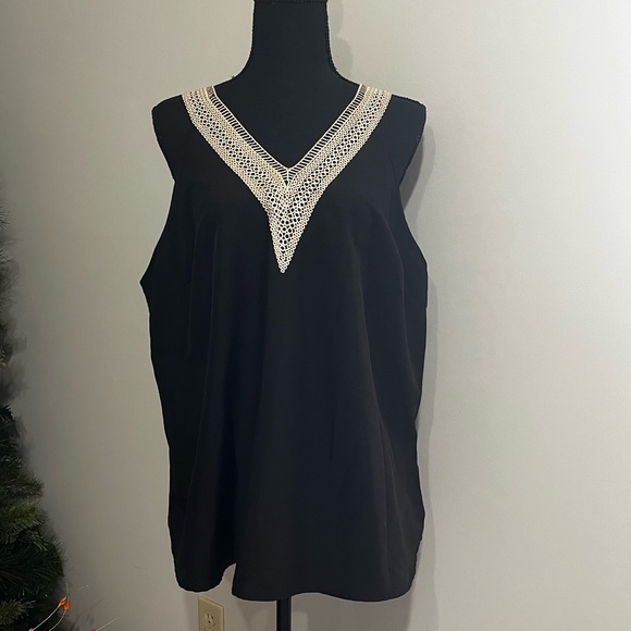 Tops - Black Tank Top with Cream Crochet/Knit Lace Accent